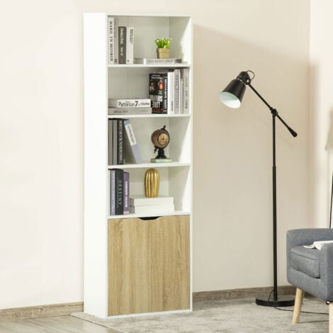 HOMCOM 2 Door 4 Shelves Tall Bookcase Modern Bookshelf Storage Display Unit  White and Oak