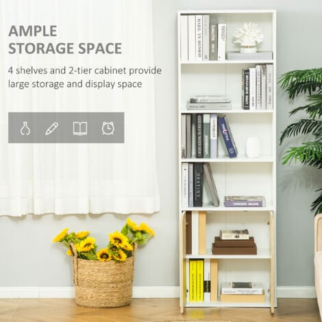 HOMCOM 2 Door 4 Shelves Tall Bookcase Modern Bookshelf Storage Display Unit  White and Oak