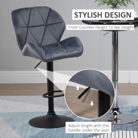 Bar Stool Set of 2 Fabric Adjustable Height Armless Counter Chairs Dark Grey