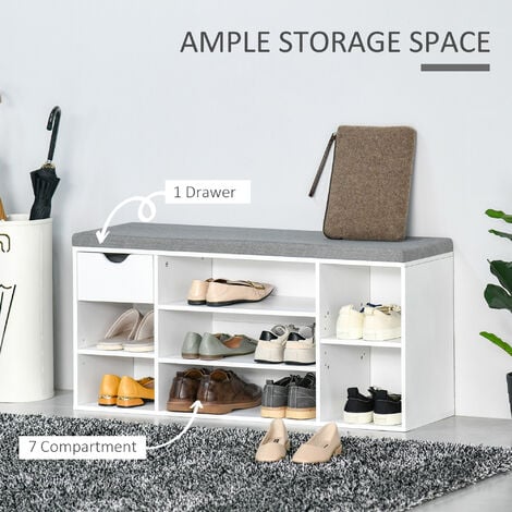 HOMCOM Shoe Storage Cabinet Bench w/ Cushion Adjustable Shelves White ...