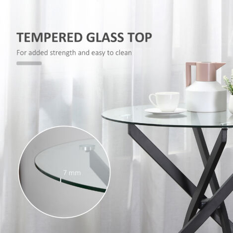 HOMCOM Clear Glass Side Table Round Metal Dining Table Dining Living Room Black