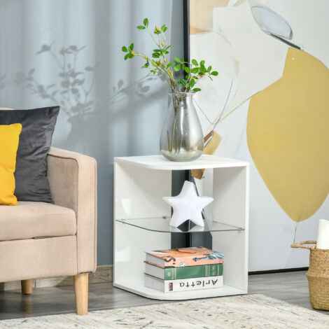 Modern Side Table Three Layer Bedside Table Nightstand w/ 2 Storage Shelves White
