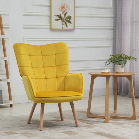 HOMCOM Modern Accent Chair Velvet-Touch Tufted Wing Back Armchair Yellow