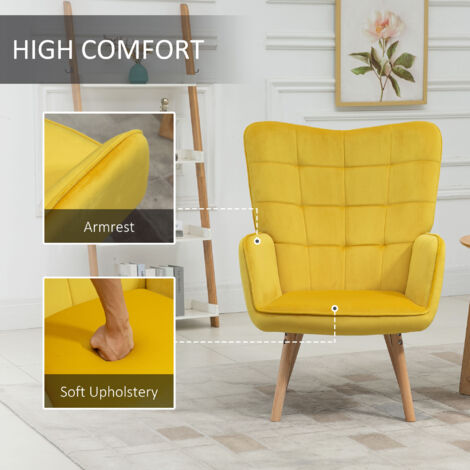 HOMCOM Modern Accent Chair Velvet-Touch Tufted Wing Back Armchair Yellow