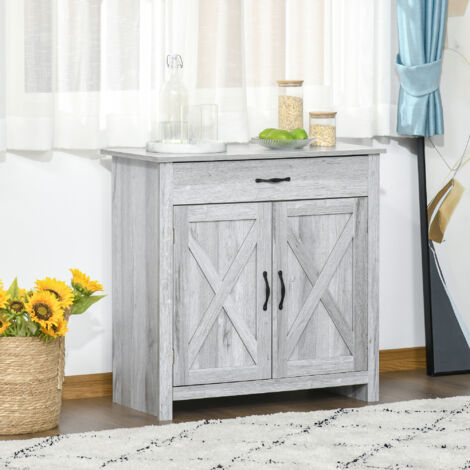 HOMCOM Farmhouse Barn Door Sideboard Accent Buffet Cabinet Coffee Bar Grey Grain