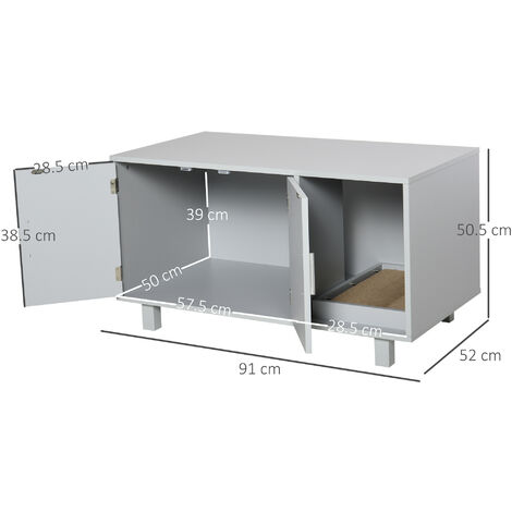 PawHut Wooden Cat Litter Box Enclosure & House with Nightstand/End Table Design Grey