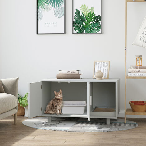 PawHut Wooden Cat Litter Box Enclosure & House with Nightstand/End Table Design Grey