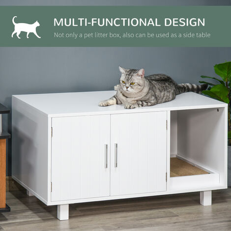 PawHut Wooden Cat Litter Box Enclosure & House with Nightstand/End Table Design White