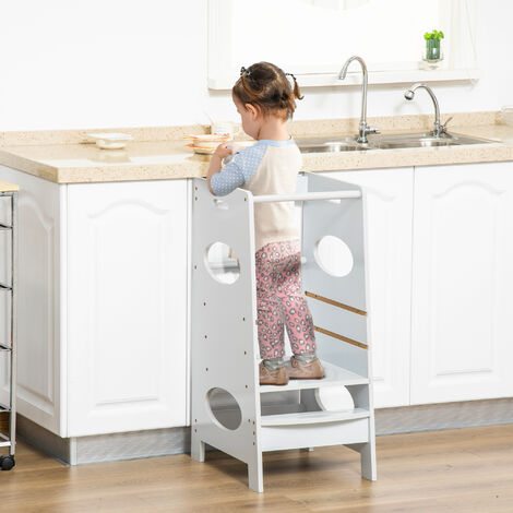 HOMCOM Toddler Step Stool Kids Adjustable Standing Tower with Safety Rail Grey