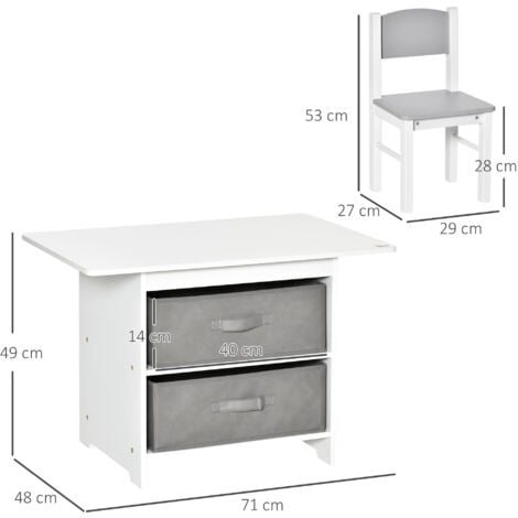 HOMCOM 3 Pcs Kids Table & Chairs Set Toddler Furniture w/ Storage Drawers White