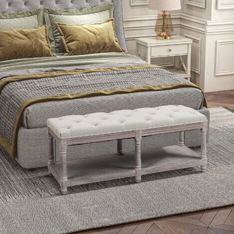 Shoe Rack Bench w/ Button Tufted Seat Cushion for  Living Room Hallway Bedroom Cream