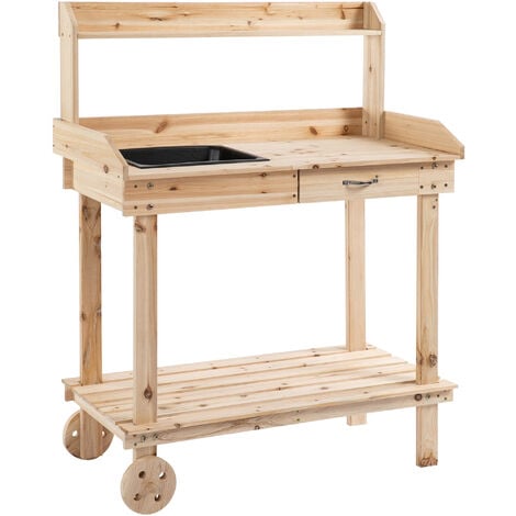 Outsunny Wood Potting Bench Work Table w/ 2 Wheels & Drawer, 92x45x119cm