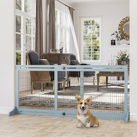 PawHut Adjustable Wooden Pet Gate Freestanding Dog Barrier for Doorway Grey