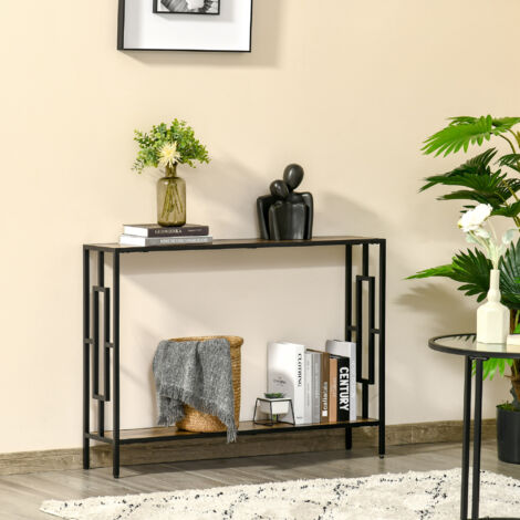 HOMCOM Industrial Console Table w/ Storage Shelf Black Metal Frame Brown