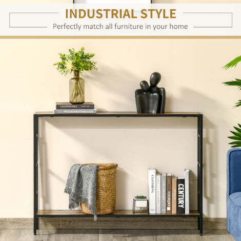 HOMCOM Industrial Console Table w/ Storage Shelf Black Metal Frame Brown
