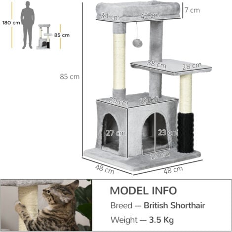 PawHut Cat Tree Climbing Activity Center w/ Scratching Massage Toy Hanging Ball