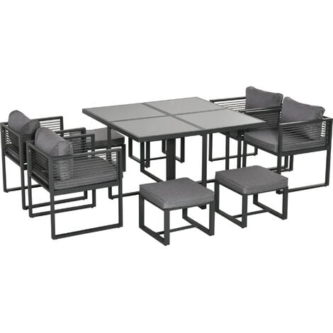 Outsunny 8 Seater Aluminium  Garden Dining Cube Set w/ 4 Chairs 4 Footstools