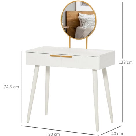 HOMCOM Modern Dressing Table w/ 2 Drawers Round Mirror for Bedroom White