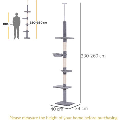 PawHut Floor to Ceiling Cat Tree for Indoor Cats 5-Tier Scratching Post 230-260cm Grey