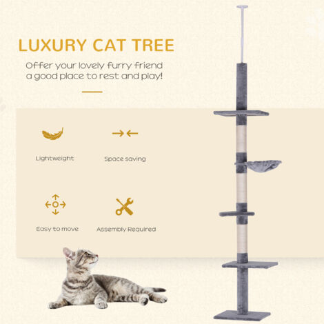 PawHut Floor to Ceiling Cat Tree for Indoor Cats 5-Tier Scratching Post 230-260cm Grey