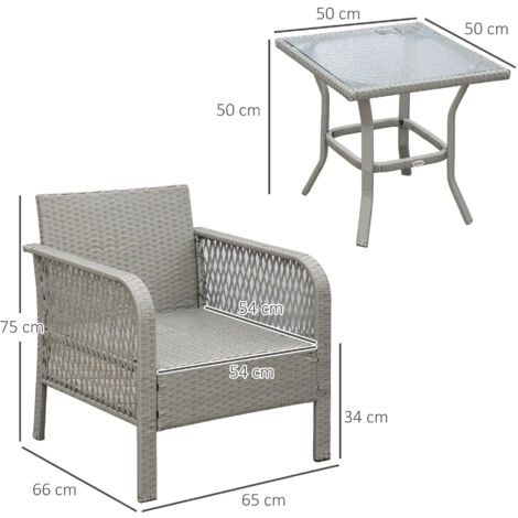 Outsunny 3 Pieces Patio Rattan Bistro Set with Tempered Glass Table Grey