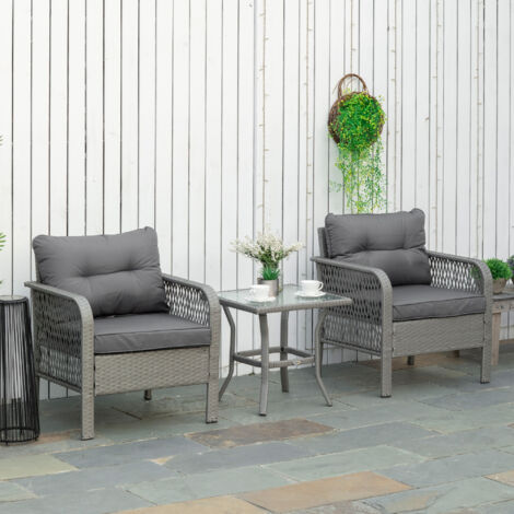 Outsunny 3 Pieces Patio Rattan Bistro Set with Tempered Glass Table Grey