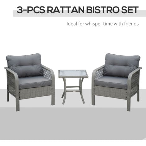 Outsunny 3 Pieces Patio Rattan Bistro Set with Tempered Glass Table Grey