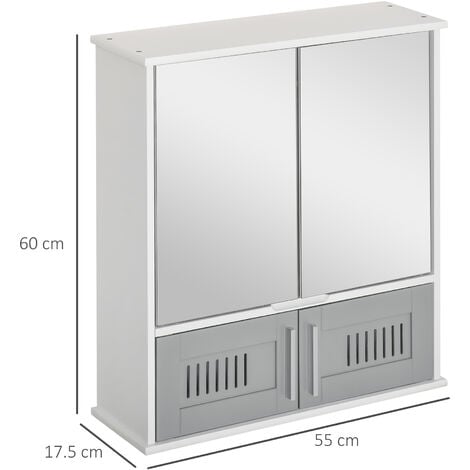 kleankin Bathroom Mirror Cabinet, Wall Mounted Storage Cupboard with Double  Doors and Adjustable Shelf Grey