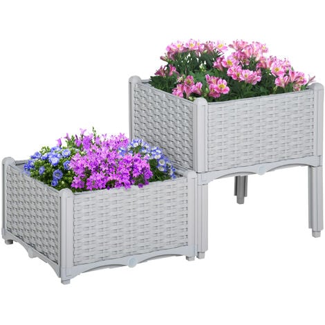 Outsunny Elevated Flower Bed Vegetable Herb Planter Plastic, Grey 2 PCs
