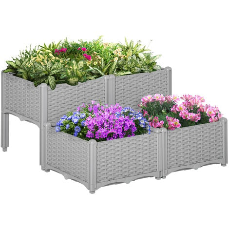 Outsunny 4-piece Elevated Flower Bed Vegetable Herb Planter Plastic, Grey