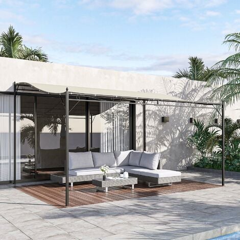 Outsunny 4 x 3M Wall Mounted Awning Free Stand Canopy Shade Porch Pergola Cream