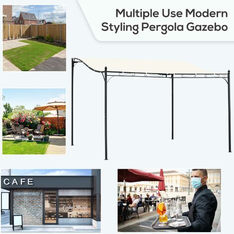 Outsunny 4 x 3M Wall Mounted Awning Free Stand Canopy Shade Porch Pergola Cream