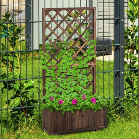Outsunny Flower Stand Plant Shelf Outdoor Pine w/ Trough Planter Carbonised finish