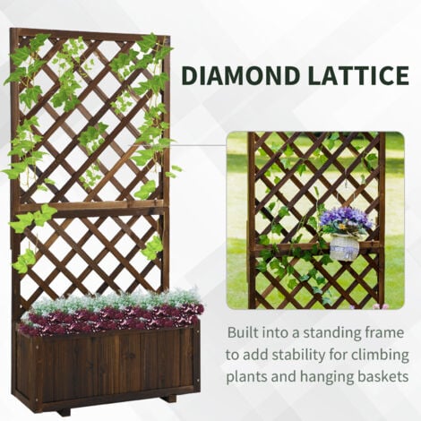 Outsunny Flower Stand Plant Shelf Outdoor Pine w/ Trough Planter Carbonised finish
