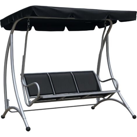 Outsunny 3 Seat Metal Fabric Backyard Balcony Patio Swing Chair with Canopy Top Black