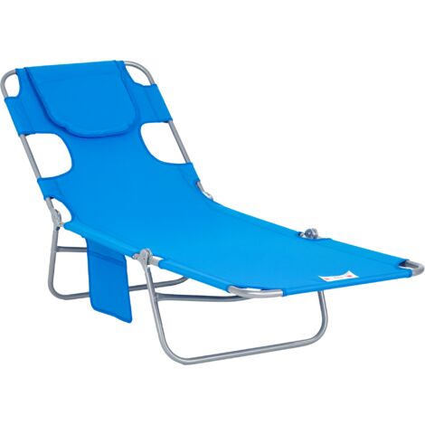 Outsunny Beach Chaise Lounge w/ Face Cavity & Arm Slots, Portable Sun Lounger Blue