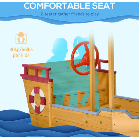 Outsunny Kids Wooden Sand Pit Sandbox Pirate Sandboat Outdoor w/ Canopy Shade