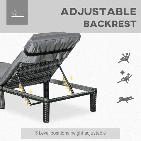Outsunny Garden Rattan Furniture Recliner Lounger Sun Reclining Daybed Patio Grey