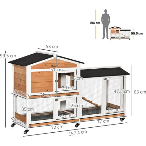 PawHut Rabbit Hutch Outdoor and Run Wooden Guinea Pig Hutch Bunny Cage w/Wheels Yellow