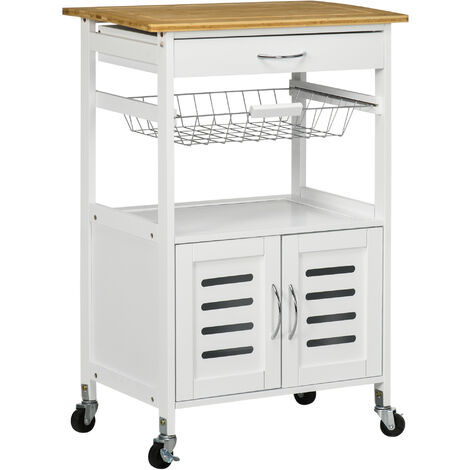 HOMCOM Rolling Kitchen Island Trolley Utility Cart on Wheels with Bamboo Top