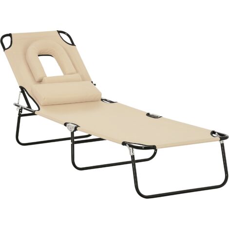 Outsunny Folding Sun Lounger Reclining Chair w/ Pillow Reading Hole Beige