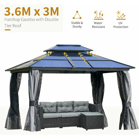 Outsunny Polycarbonate Hardtop Gazebo w/ Double Roof & Aluminium Frame 3.6 x 3(m)