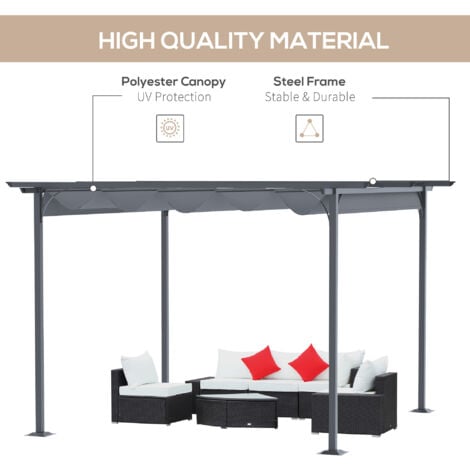 Outsunny 3.5x3.5m Pergola Metal Gazebo Backyard Porch Awning Retractable Canopy Grey