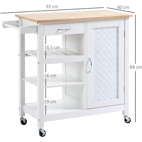 HOMCOM Kitchen Cart on Wheels Trolley with Embossed Door Panel, Drawer, White