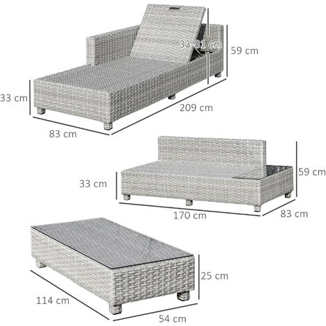 Outsunny 3 PCs Aluminium Patio PE Rattan Sectional Sofa Set w/ Chaise Lounge