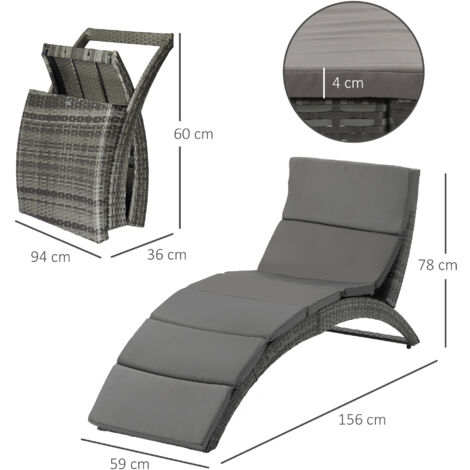 Outsunny Garden Rattan Sun Lounger Foldable Patio Chaise Chair Grey