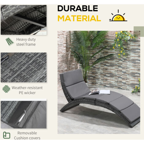 Outsunny Garden Rattan Sun Lounger Foldable Patio Chaise Chair Grey