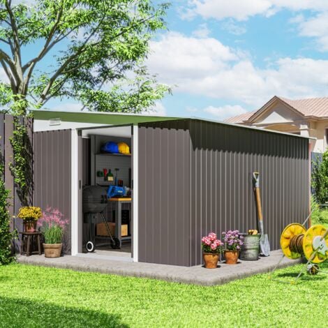 Outsunny 11.3x9.2ft Steel Garden Storage Shed w/ Sliding Doors & 2 Vents Grey