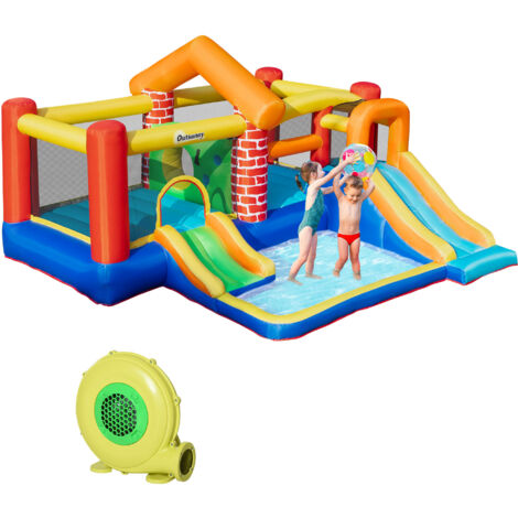 Outsunny Kids Bouncy Castle with Double Slides Pool Trampoline with Blower