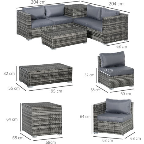 Outsunny 6Pcs Rattan Sofa Set Garden Sectional Garden Wicker Cushion Grey